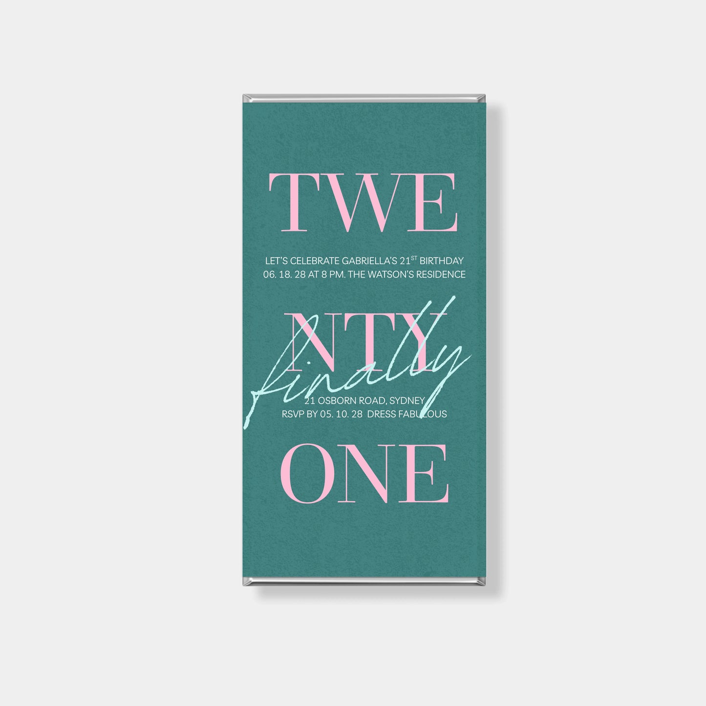 21st birthday personalised chocolate bars with modern typography design, custom party favours Australia
