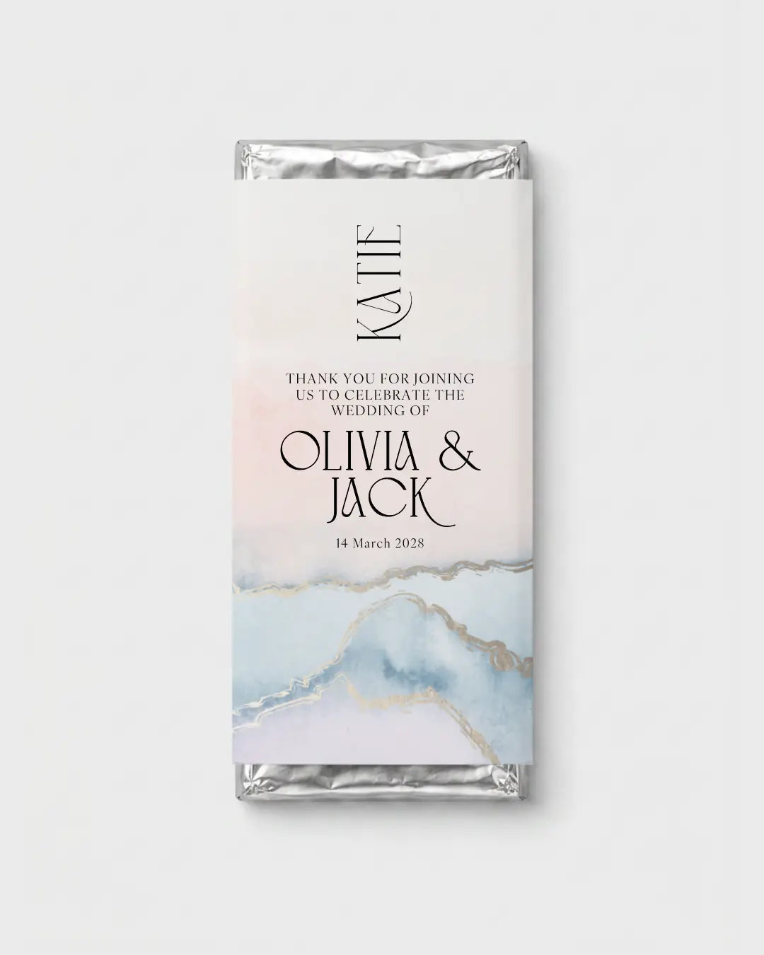 Agata Coastal custom wedding favour chocolate bar with watercolour design and guest names, Australia