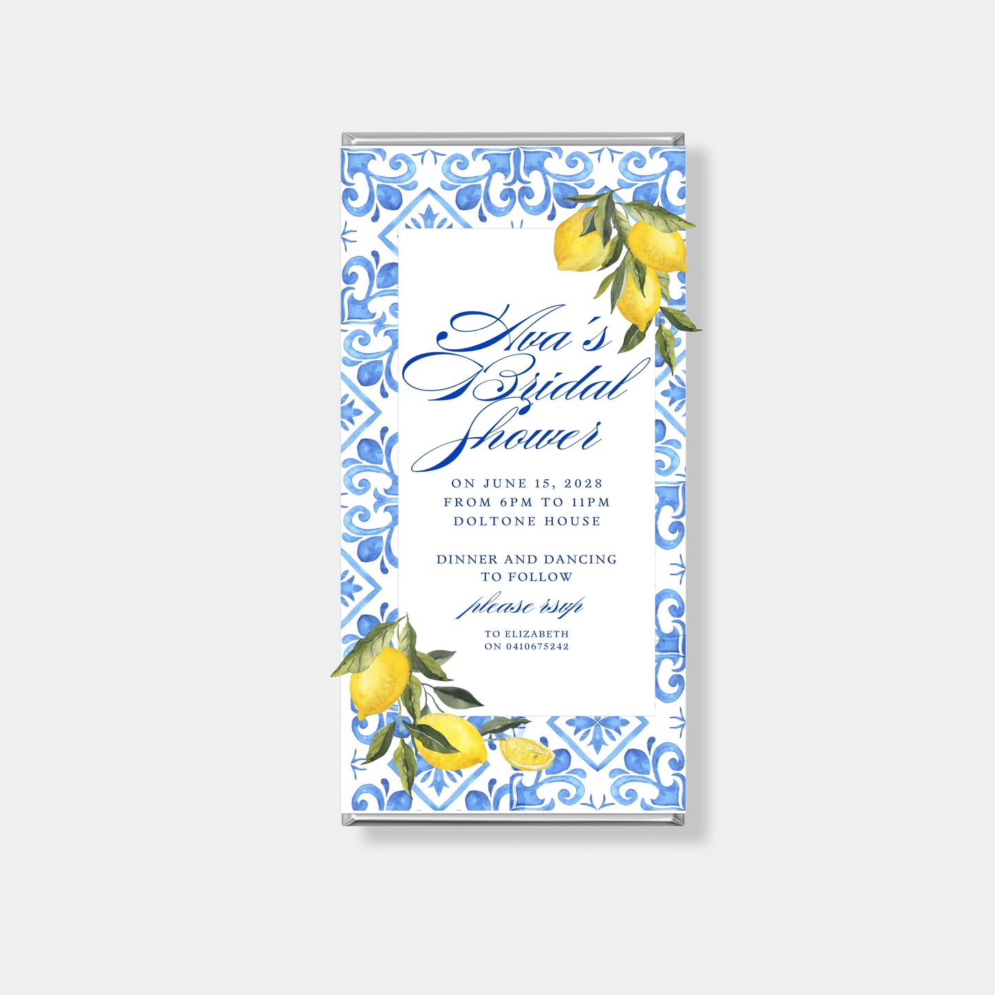 Personalised chocolate bars for bridal shower favours with Amalfi lemon and blue tile design in Australia