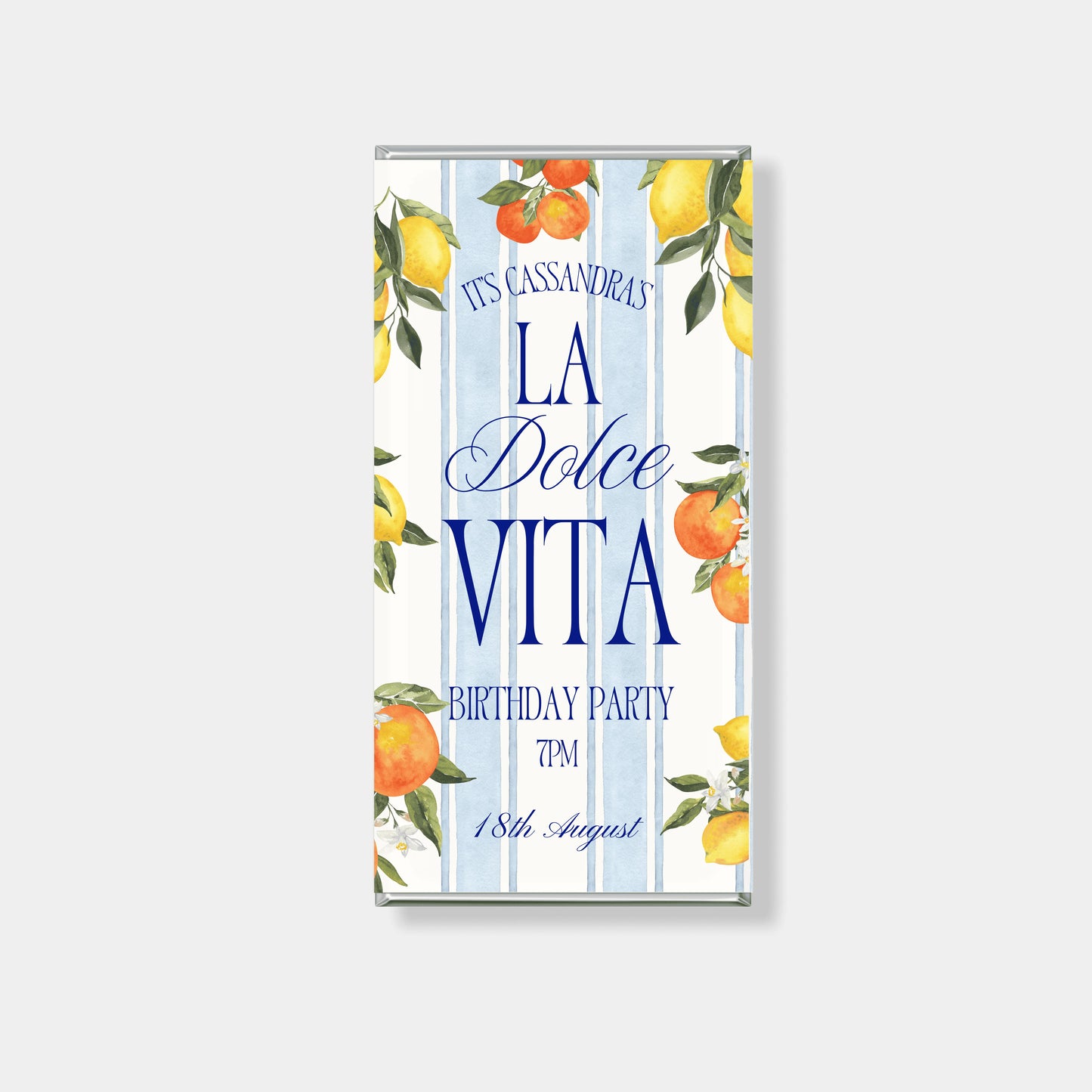 Amalfi citrus personalised chocolate bars for birthday favours La Dolce Vita theme custom chocolate Australia