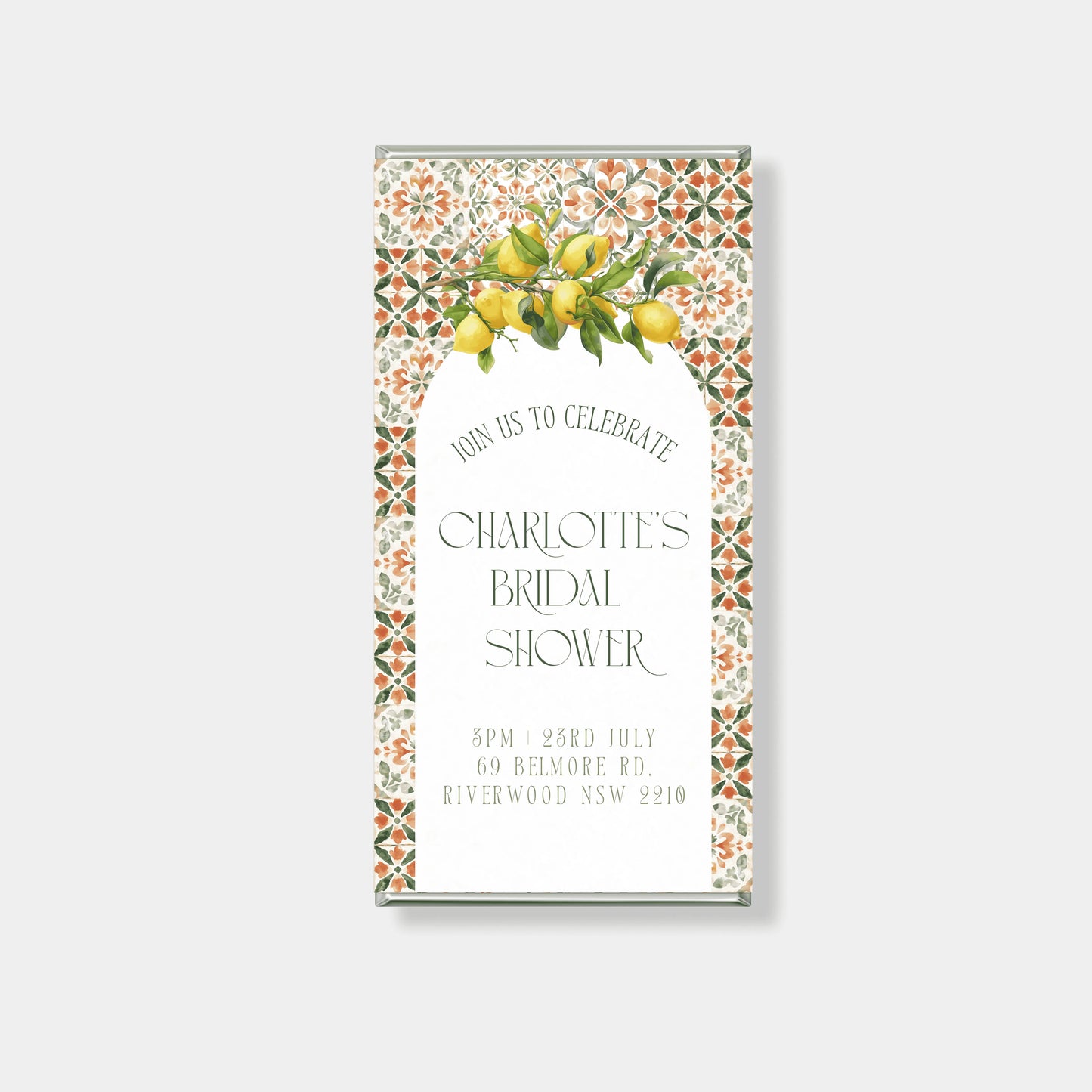 Amalfi citrus personalised chocolate bars for bridal shower favours Mediterranean tile design custom chocolate Australia