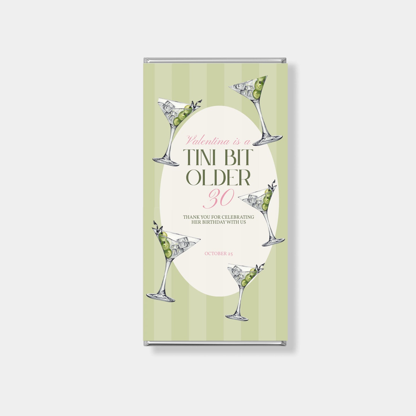 Personalised chocolate bars for birthday favours with cocktail martini design, custom name and luxury chocolate finish in Australia