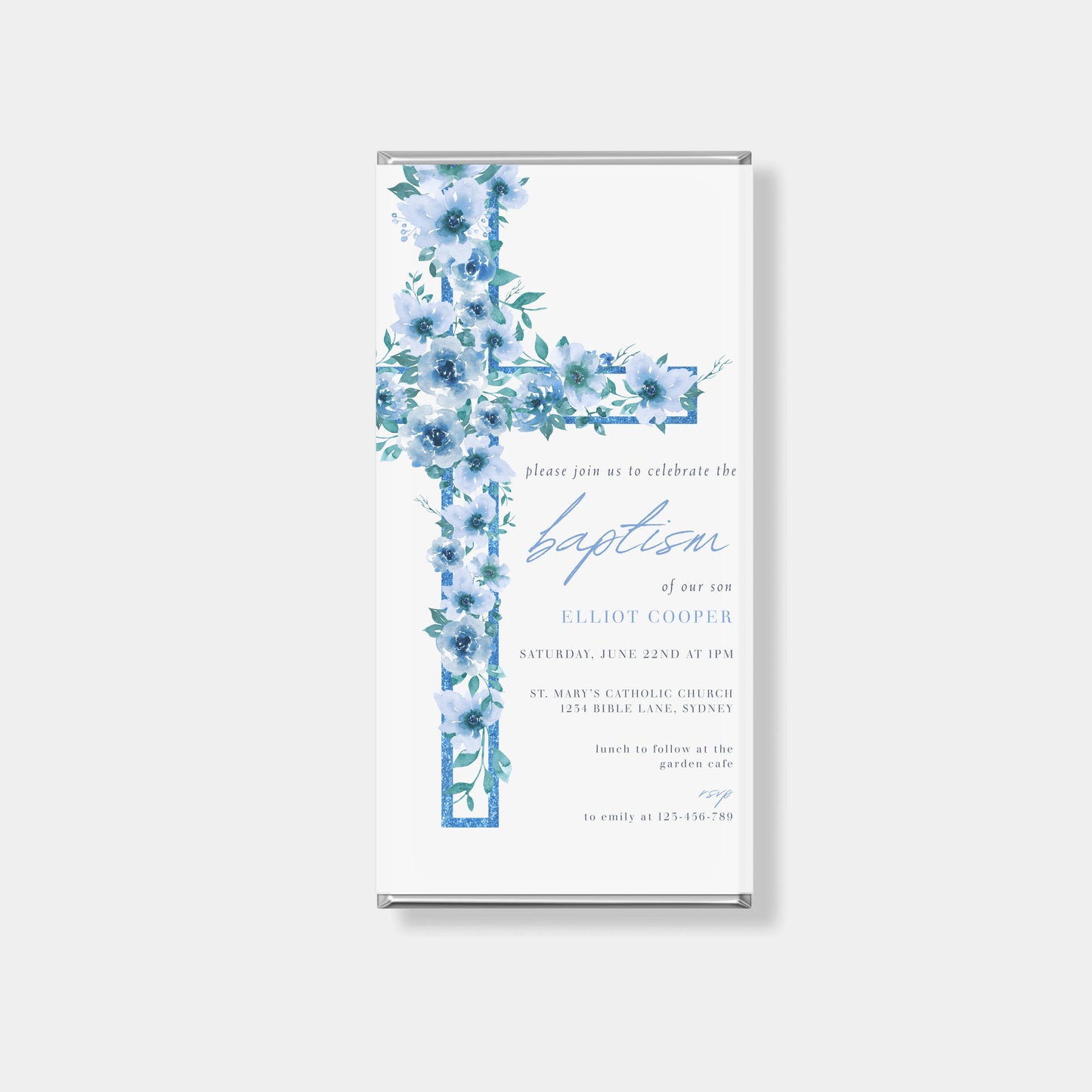 Luxury personalised chocolate bars for baptism with blue floral cross design, custom chocolate gifting Australia