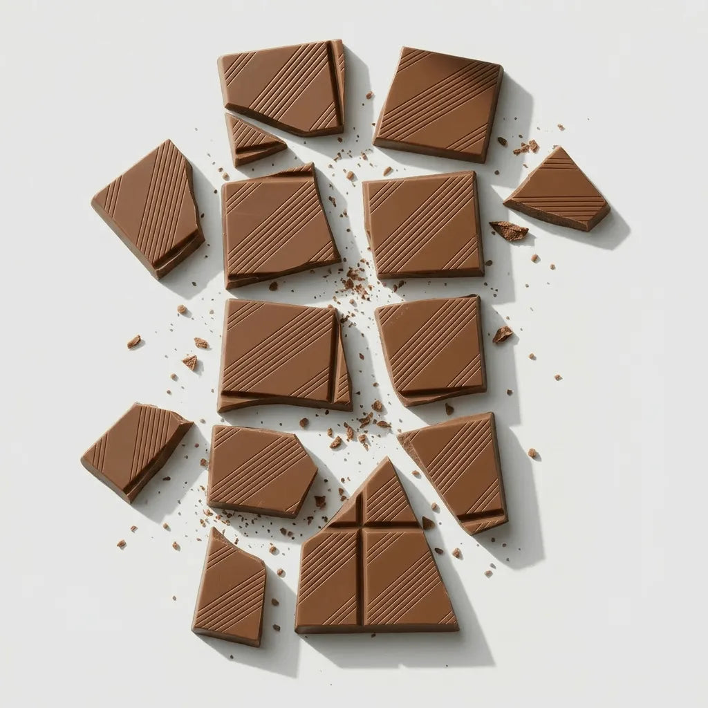 Broken milk chocolate pieces from personalised chocolate bars with textured design