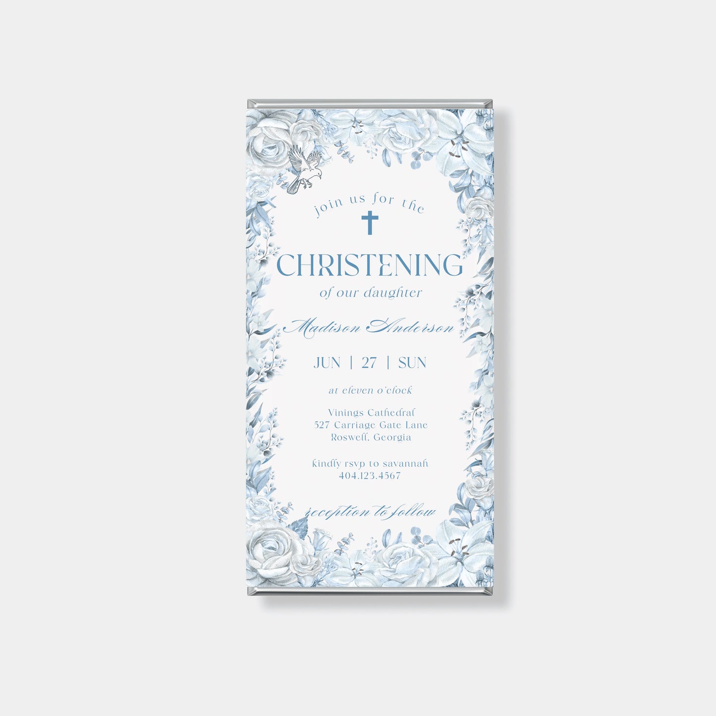 personalised chocolate bars for christening and baptism favours blue floral design custom names Australia