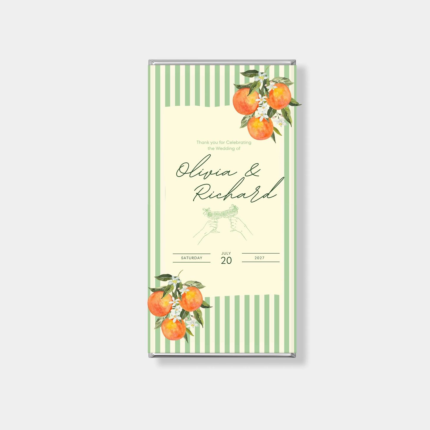 Citrus personalised chocolate bars for wedding favours with lemon design inspired by European summer styling