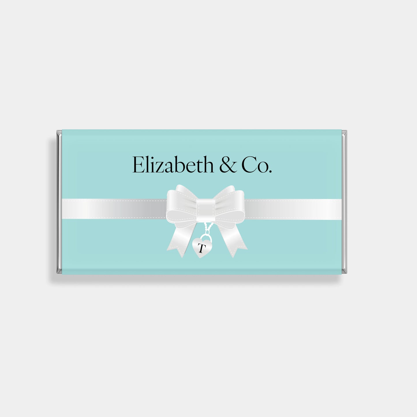 teal blue personalised chocolate bar wrapper with white ribbon and bow illustration, luxury custom chocolate favour design inspired by Tiffany style, Australia