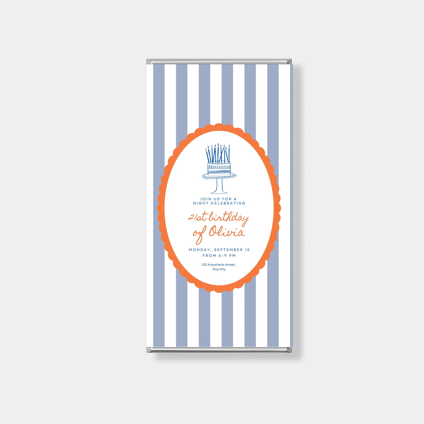 striped custom chocolate bar wrapper with oval frame and birthday cake illustration, personalised chocolate party favour Australia