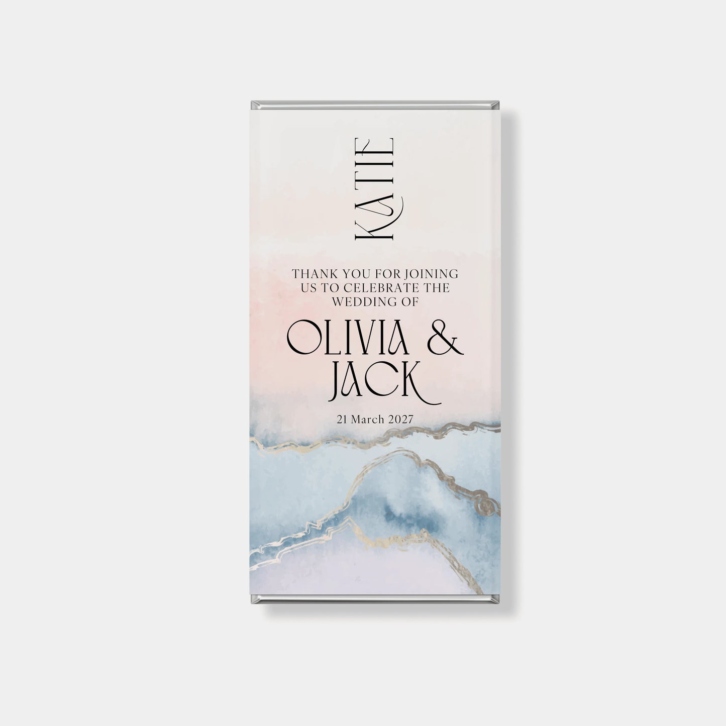 abstract marble wedding chocolate favour wrapper with soft blush and blue tones and personalised names, personalised wedding chocolates Australia