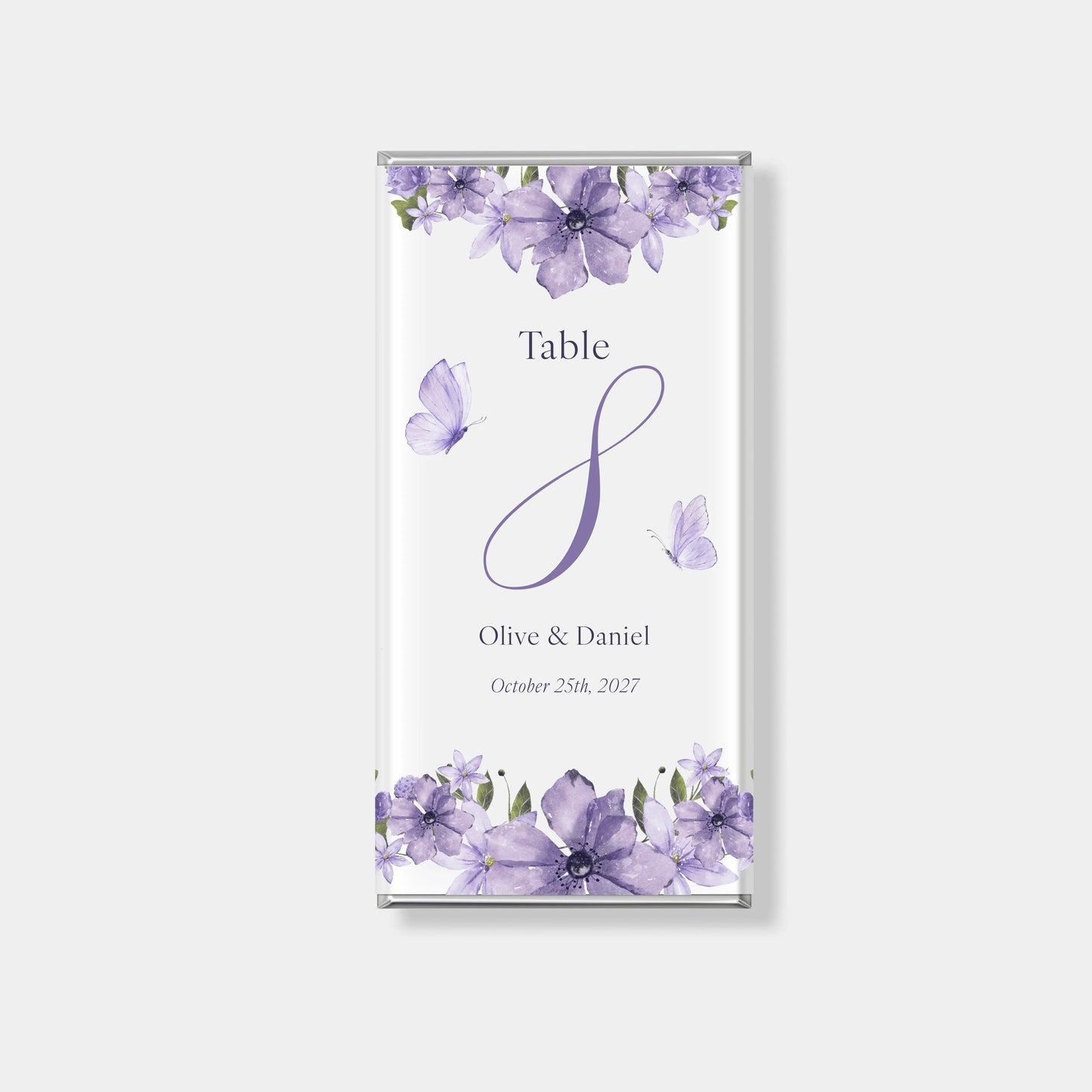 purple floral wedding chocolate favour wrapper with table number design, personalised wedding chocolates Australia