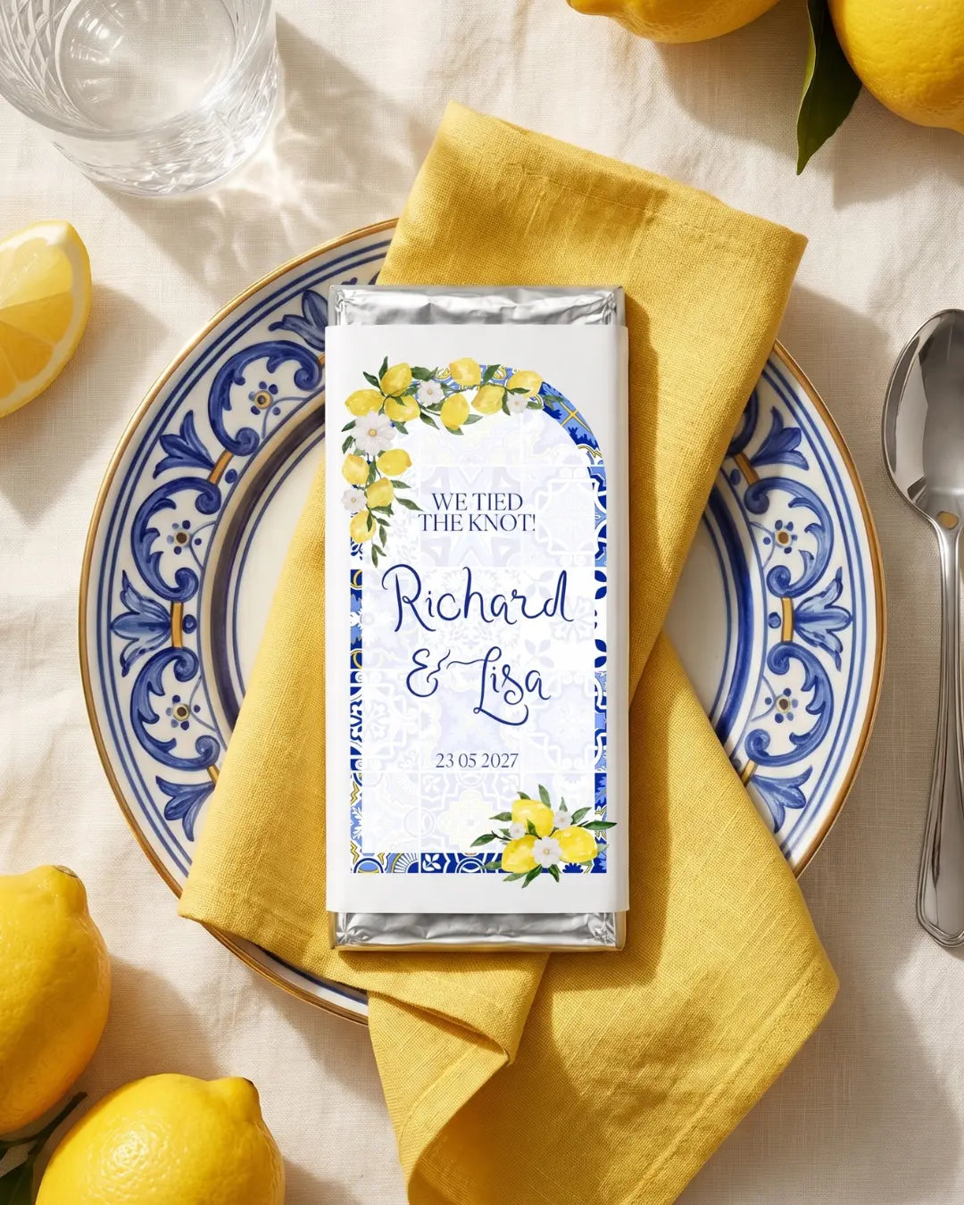 Amalfi lemon tile personalised chocolate bar wedding favour styled on blue Moroccan plate, Australian made