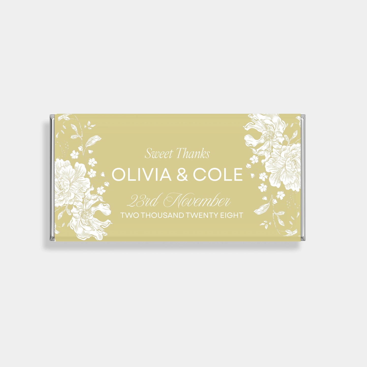 Gold floral personalised chocolate bars for wedding favours with custom names and elegant botanical design