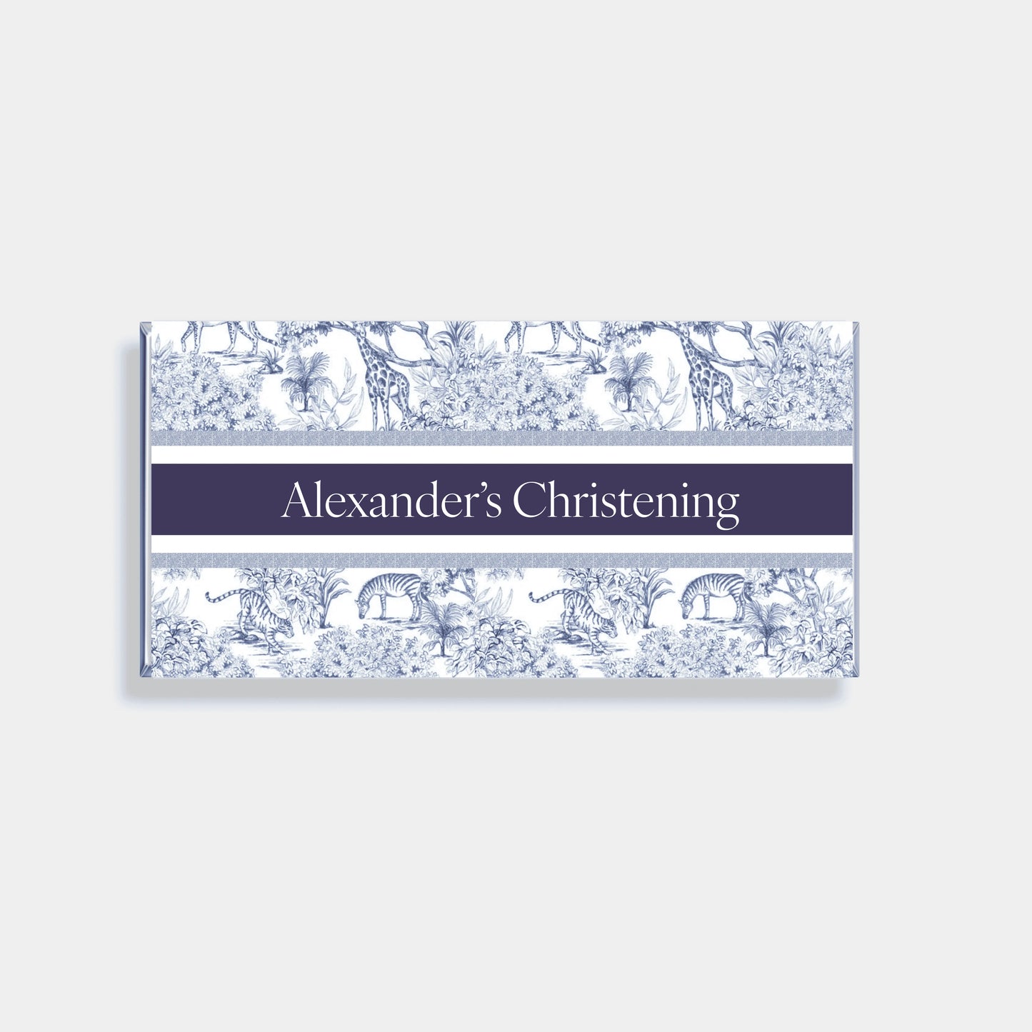 Personalised chocolate bars for christening favours with blue toile de Jouy design, custom names and luxury chocolate wrapper in Australia