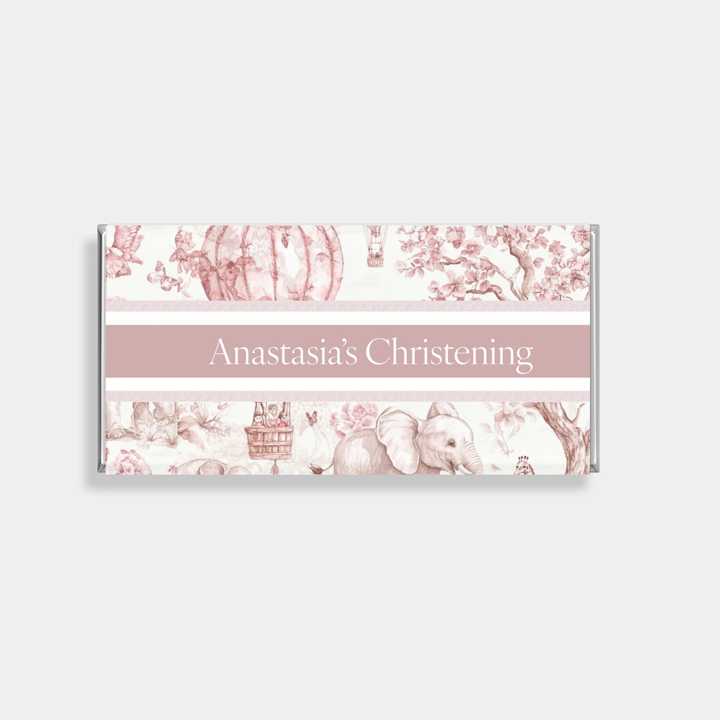 Personalised chocolate bars for christening and baptism favours with blush French toile design and custom names