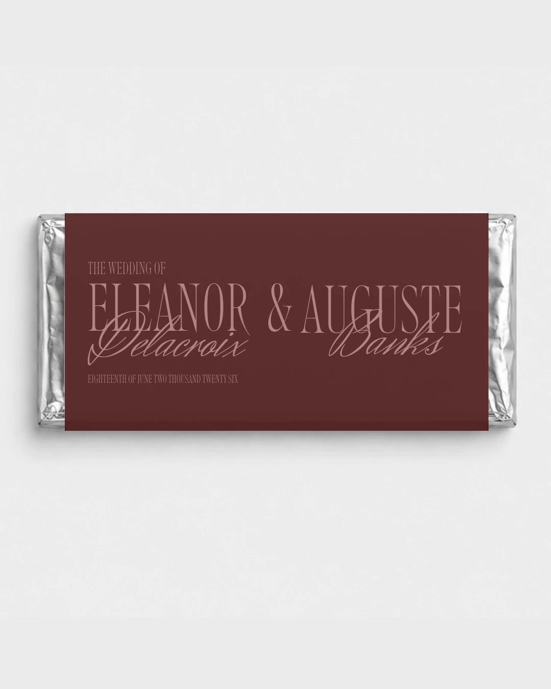 Eleanor burgundy personalised wedding favour chocolate bar with elegant serif typography and custom names, Australian made