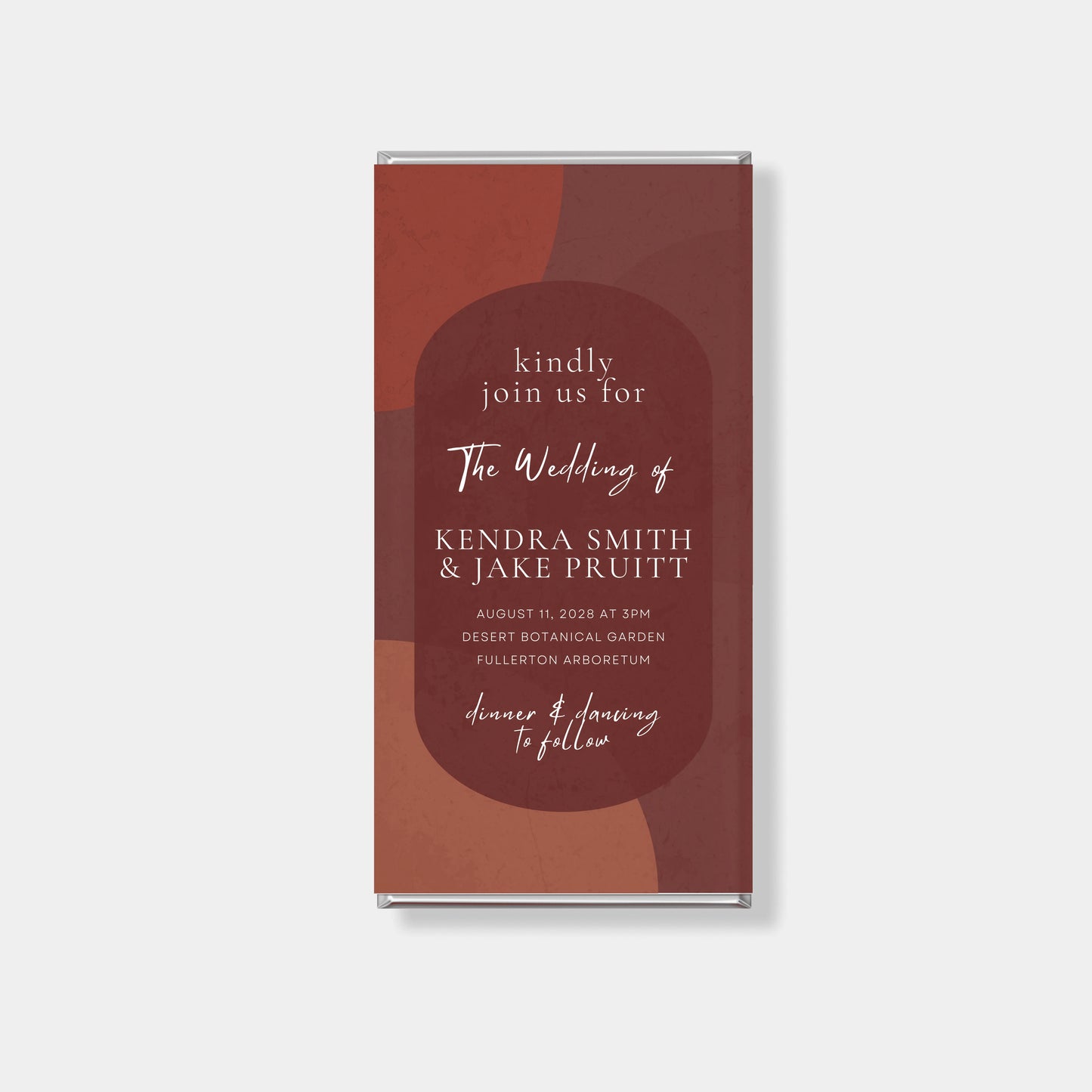 Personalised chocolate bars for wedding invitations with modern terracotta design and custom names in Australia