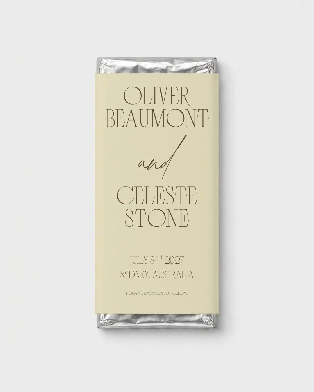 Verdant Champagne personalised chocolate bar wedding favour with custom names and wedding date