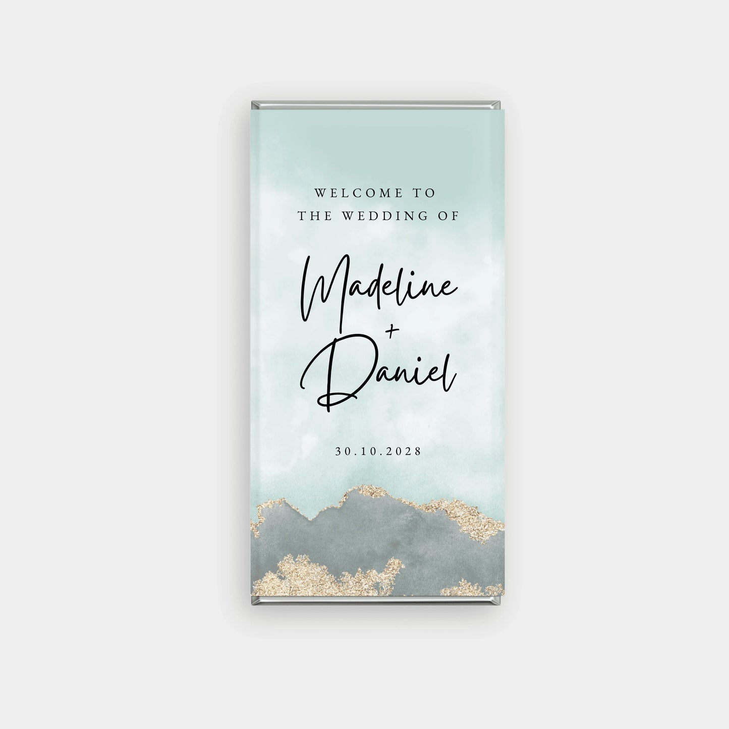 Personalised chocolate bars for wedding favours with soft blue watercolour design, custom names and luxury chocolate finish in Australia