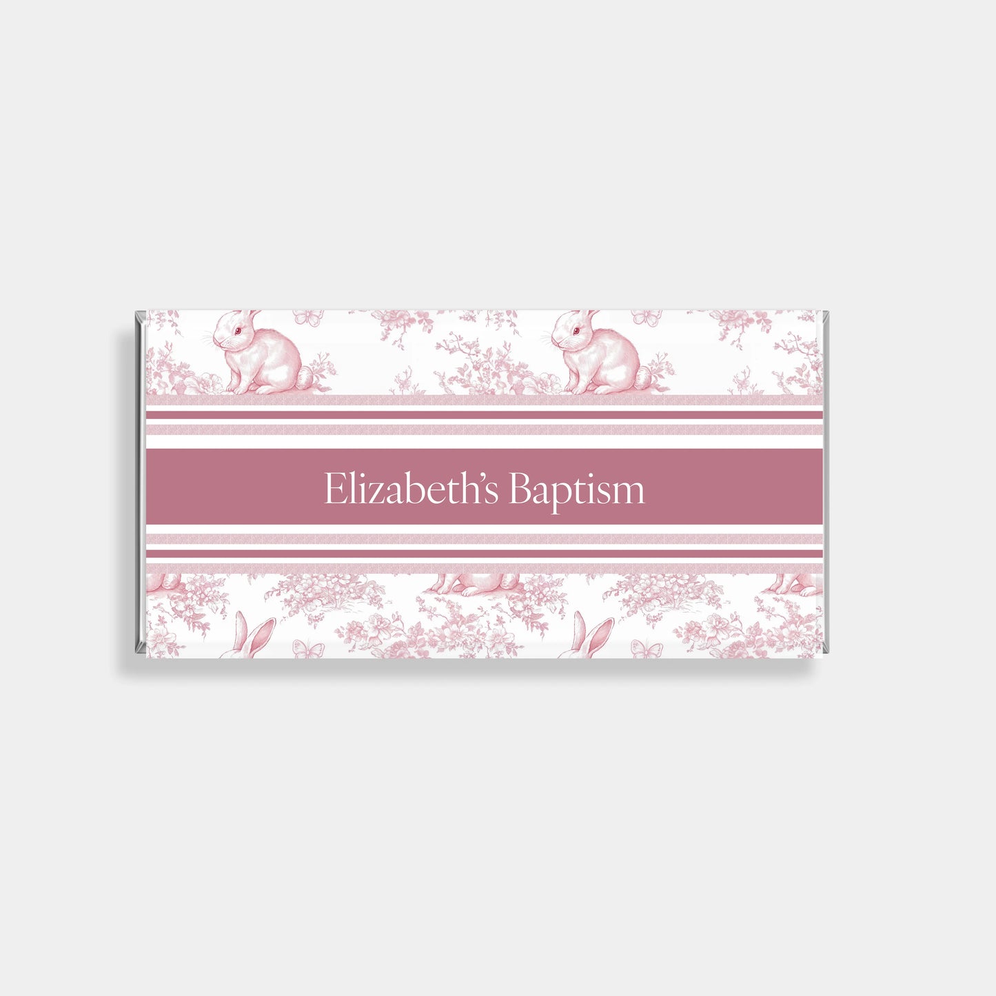 Personalised chocolate bars for baptism and christening favours with French toile de Jouy bunny design, custom name and luxury chocolate wrapper in Australia
