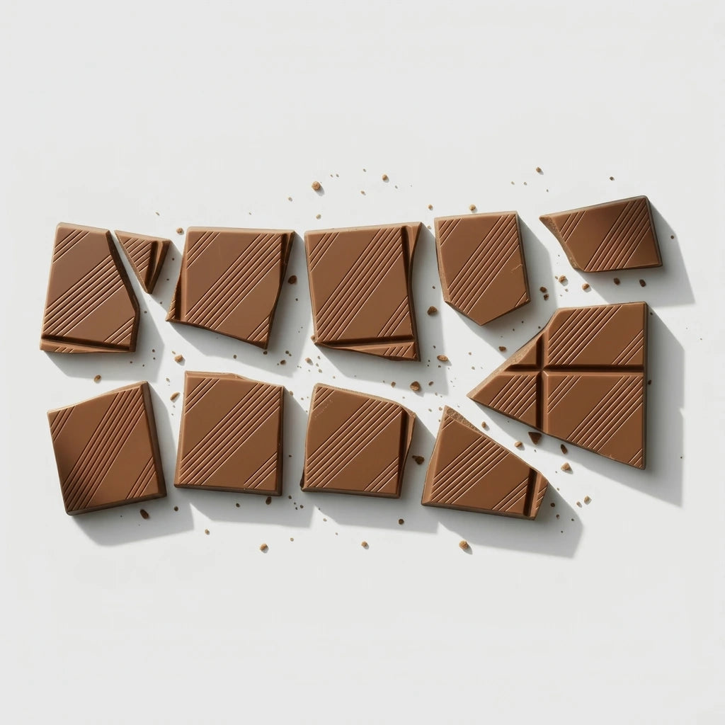 Broken pieces of luxury chocolate bar with rich cocoa texture on neutral background