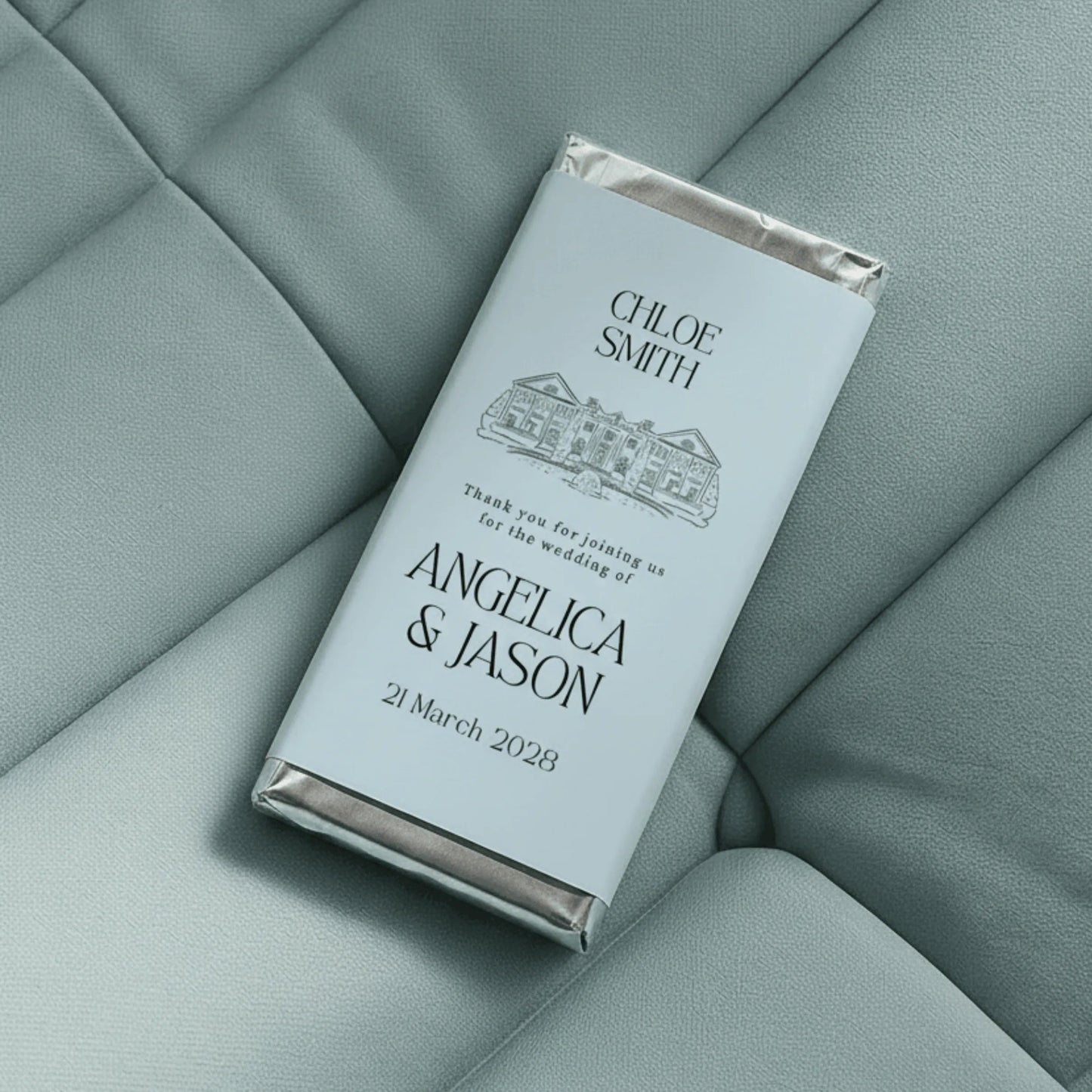 personalised chocolate bars for luxury estate wedding favours with custom names elegant minimalist design Australia
