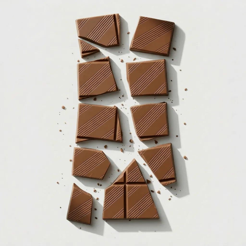 Broken chocolate bar with defined mould lines, showcasing premium personalised chocolate bar quality