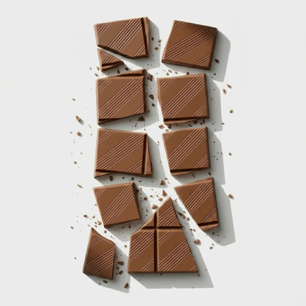 Milk chocolate pieces arranged in a clean flatlay, representing custom chocolate bars and luxury chocolate design