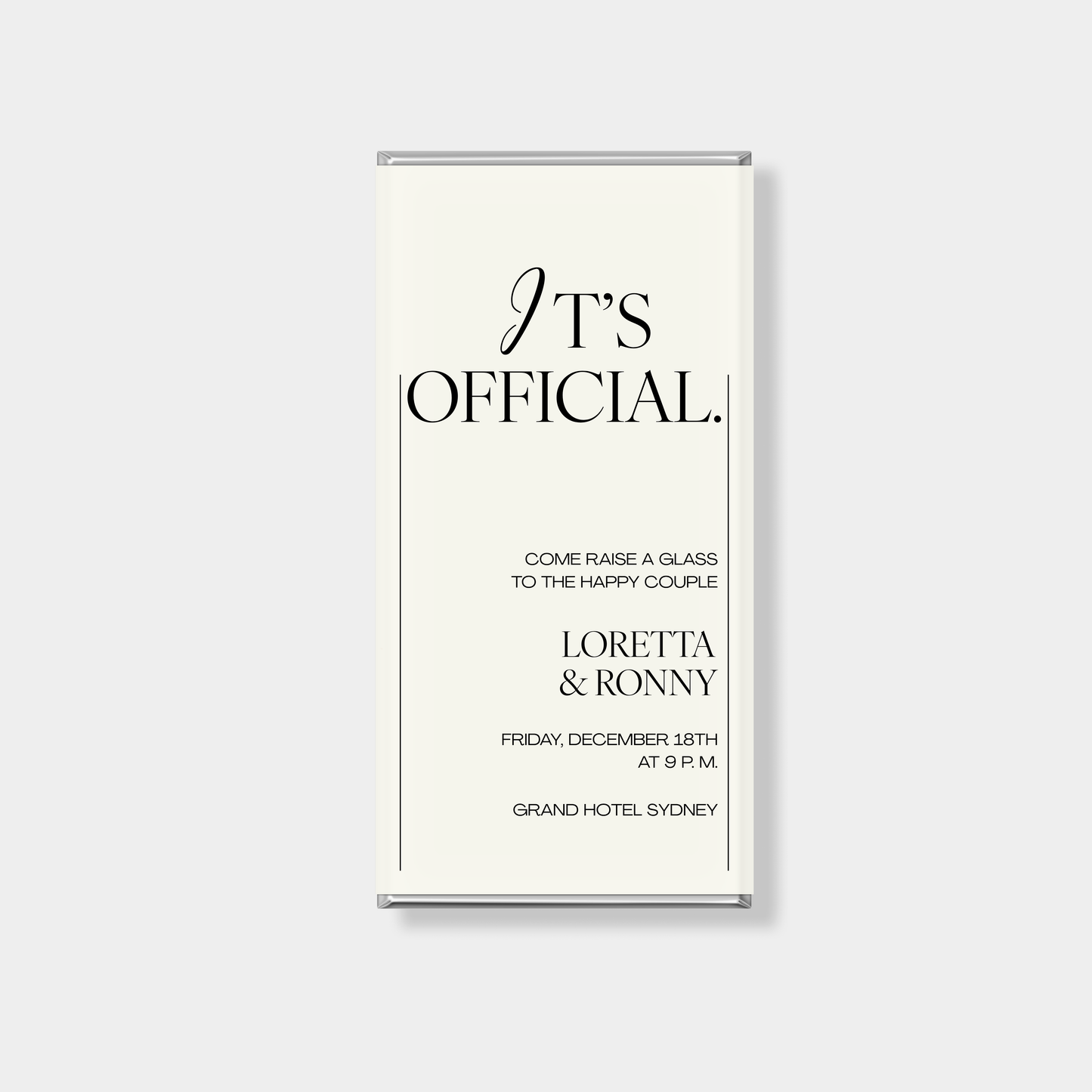 Minimal white personalised chocolate bars for wedding favours with modern typography and custom names