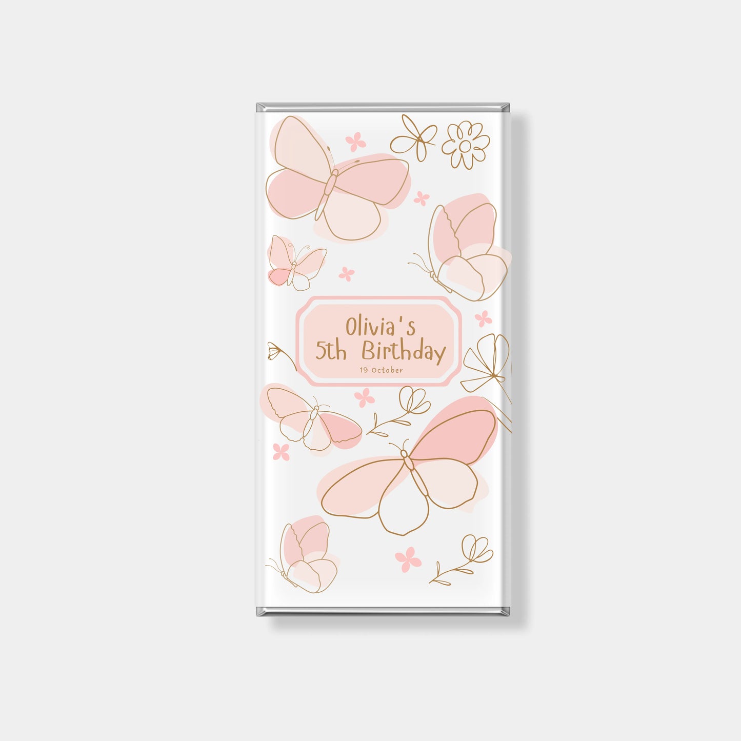 Personalised chocolate bars for kids birthday favours with butterfly design, custom name Olivia and soft pink luxury wrapper for children’s party in Australia