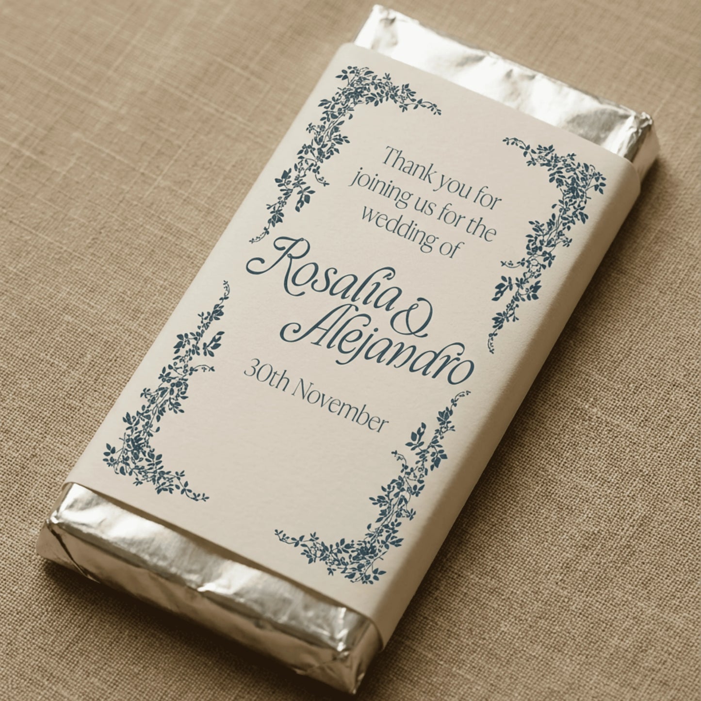 blue floral wedding chocolate bar wrapper with personalised names, custom chocolate favour Australia