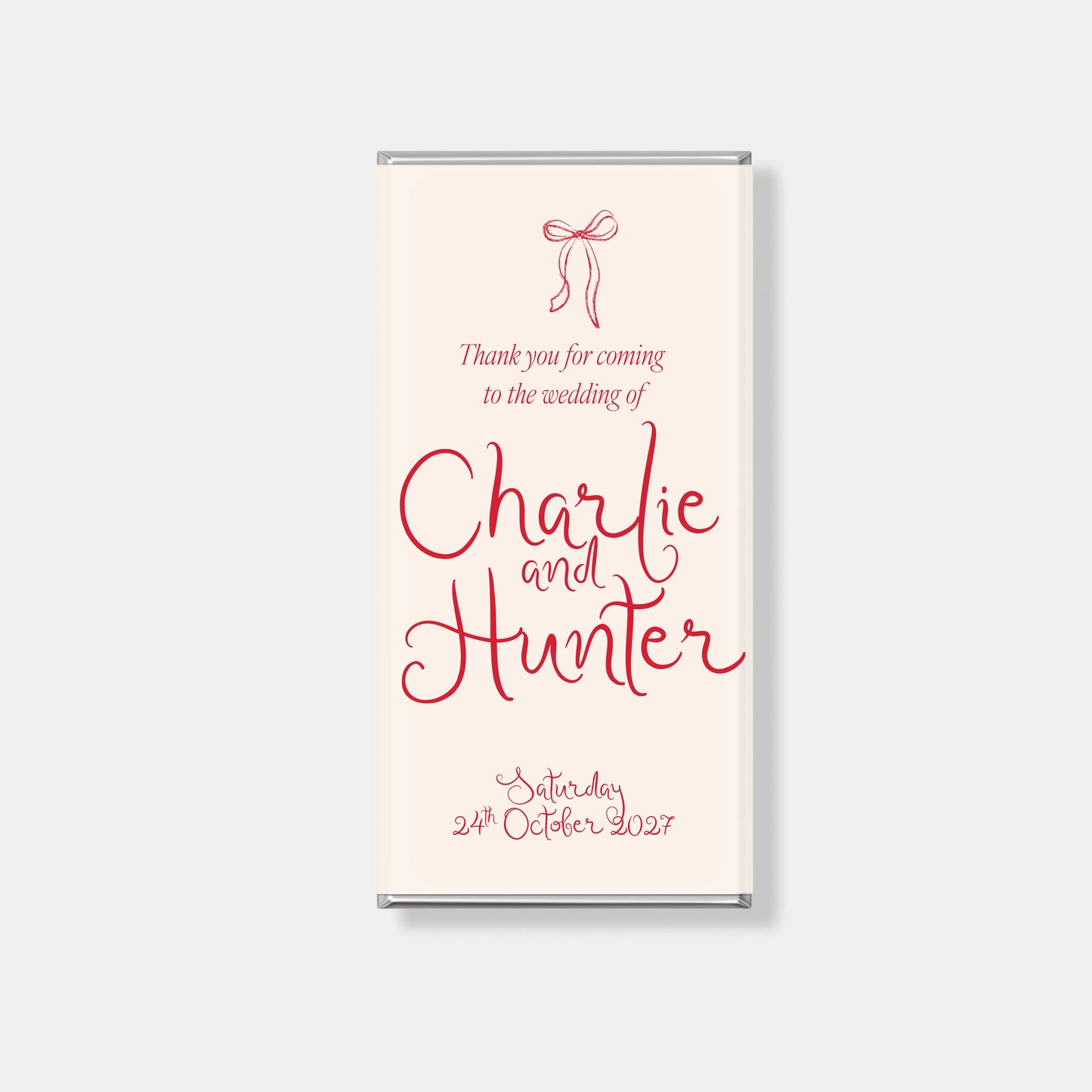 minimal script wedding chocolate favour wrapper with red typography and bow illustration, personalised wedding chocolates Australia