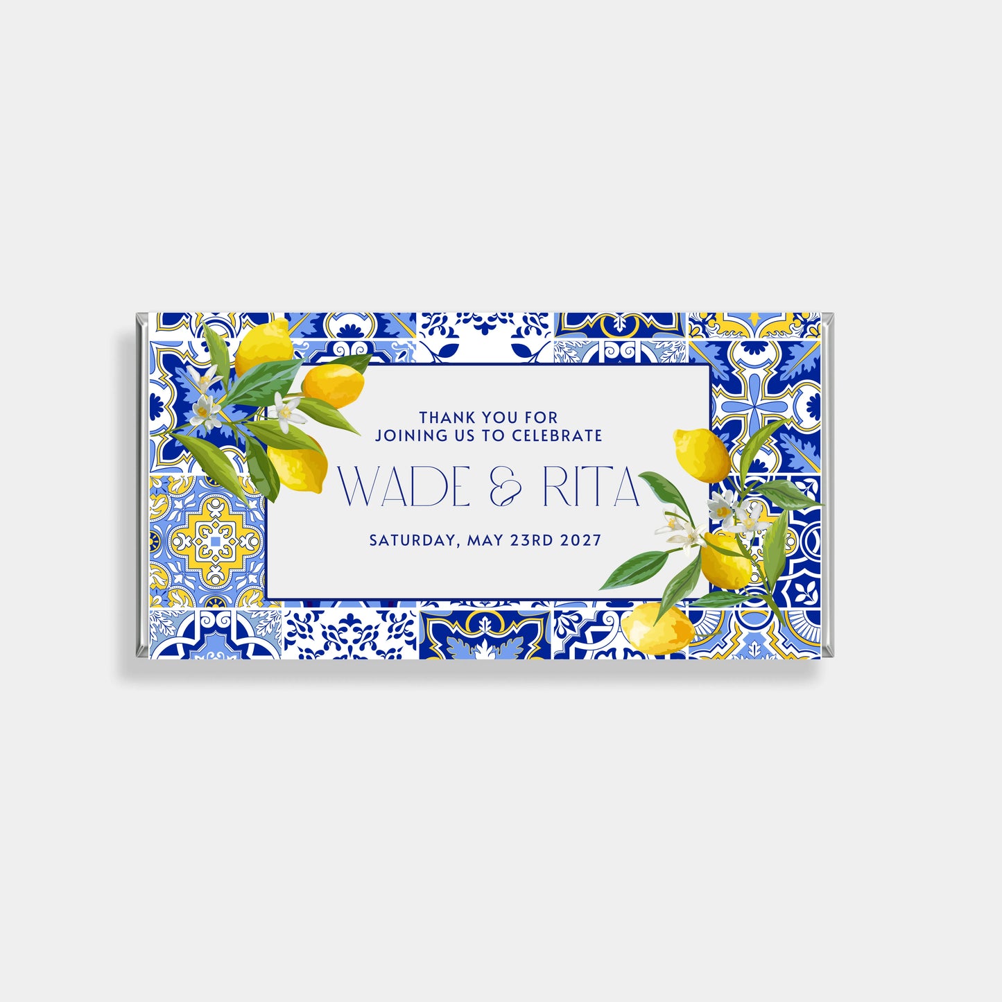 Amalfi coast inspired wedding chocolate favour wrapper with blue tile pattern and lemon detailing, personalised chocolate bar for destination wedding favours Australia