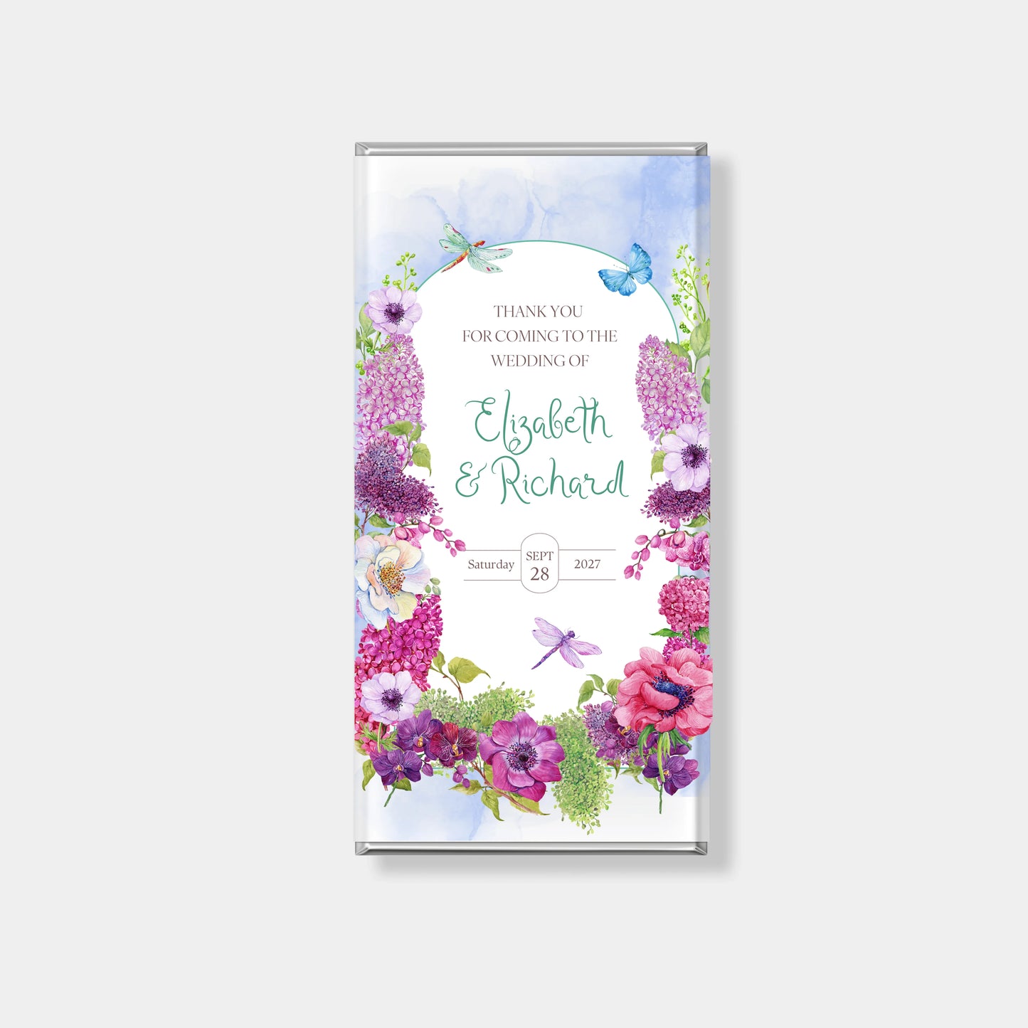 bold floral wedding chocolate bar wrapper with vibrant botanical border, personalised chocolate bar for statement wedding favours Australia
