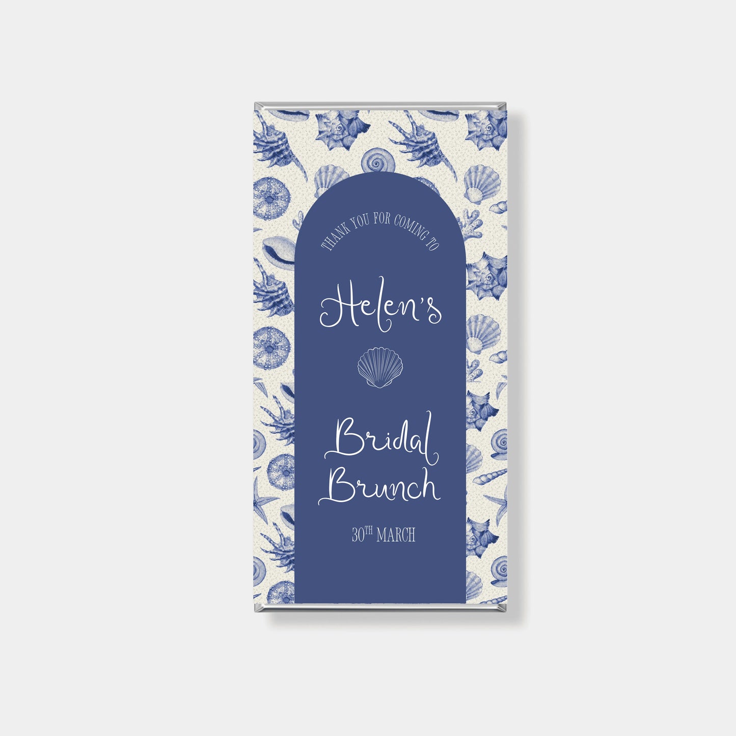 classic blue wedding chocolate bar wrapper with ornate border detailing, personalised chocolate bar for elegant wedding favours Australia