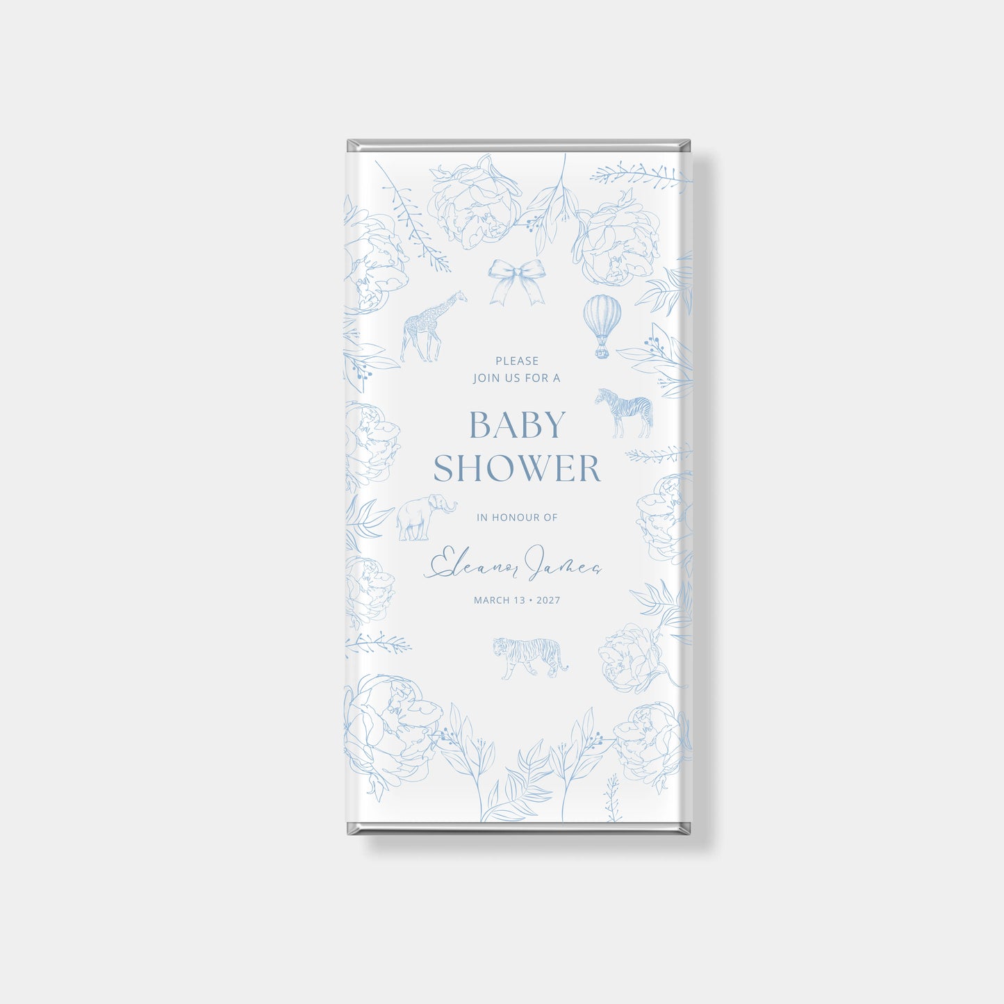 Personalised chocolate bars for baby shower favours with blue toile design, custom name and elegant luxury chocolate wrapper in Australia