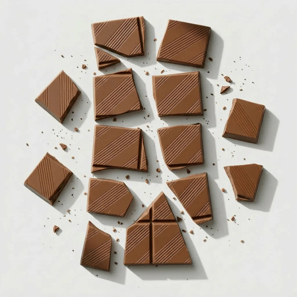Luxury milk chocolate bar broken into structured pieces, ideal for custom chocolate gifting and wrappers