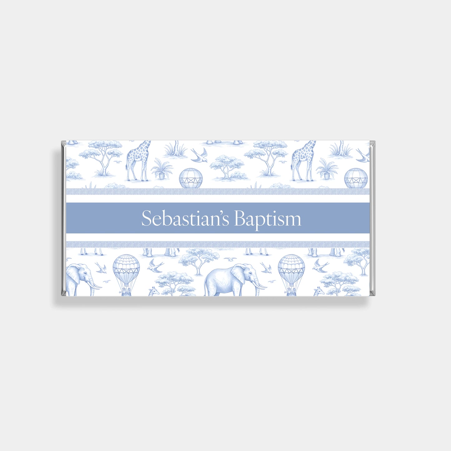 Personalised chocolate bars for christening and baptism favours with blue safari animal design, custom name and luxury chocolate finish in Australia