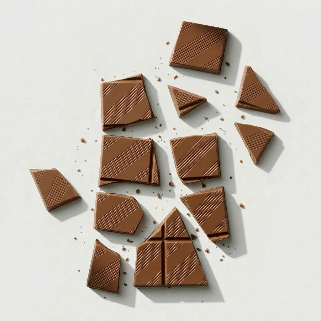 Smooth milk chocolate squares broken into pieces, minimal flatlay representing personalised chocolate bars