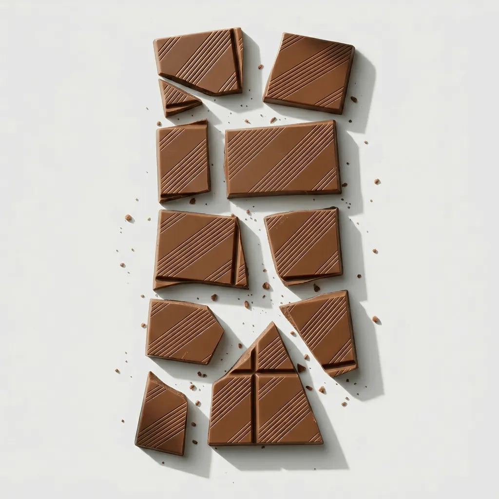 Smooth chocolate bar broken into geometric squares, minimal aesthetic for personalised chocolate gifting