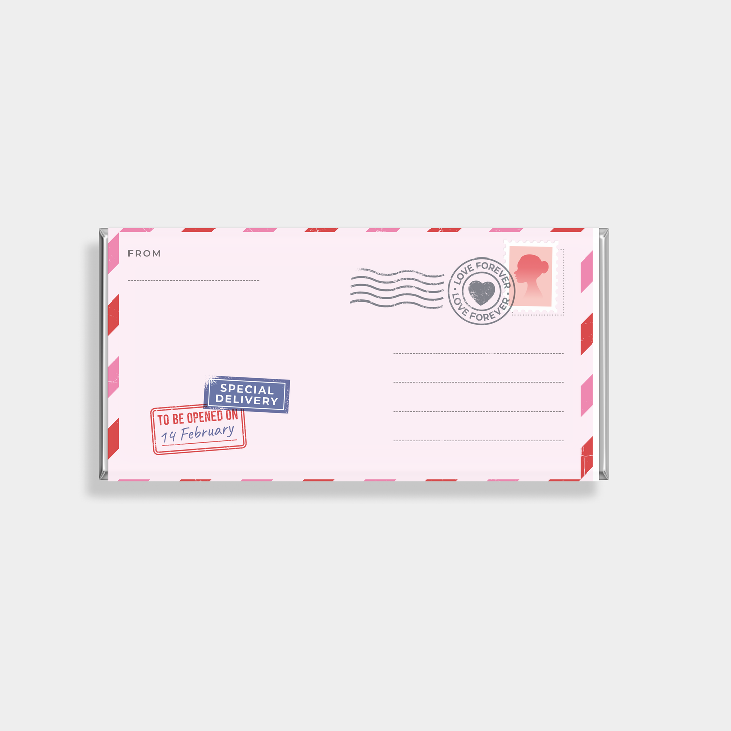 Personalised chocolate bars for Valentine’s Day with postcard style love design Australia