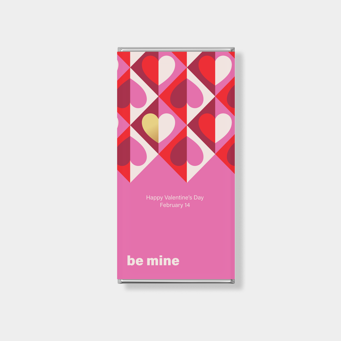 Personalised chocolate bars for Valentine’s Day with geometric heart design and “be mine” message Australia