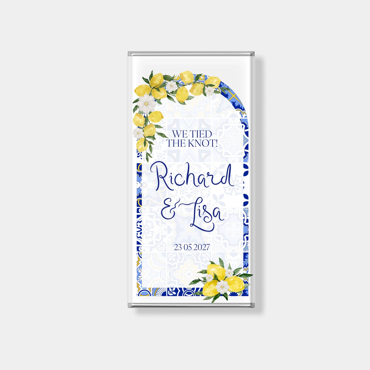 Personalised chocolate bars for weddings with blue tile and lemon design, custom wedding favours Australia