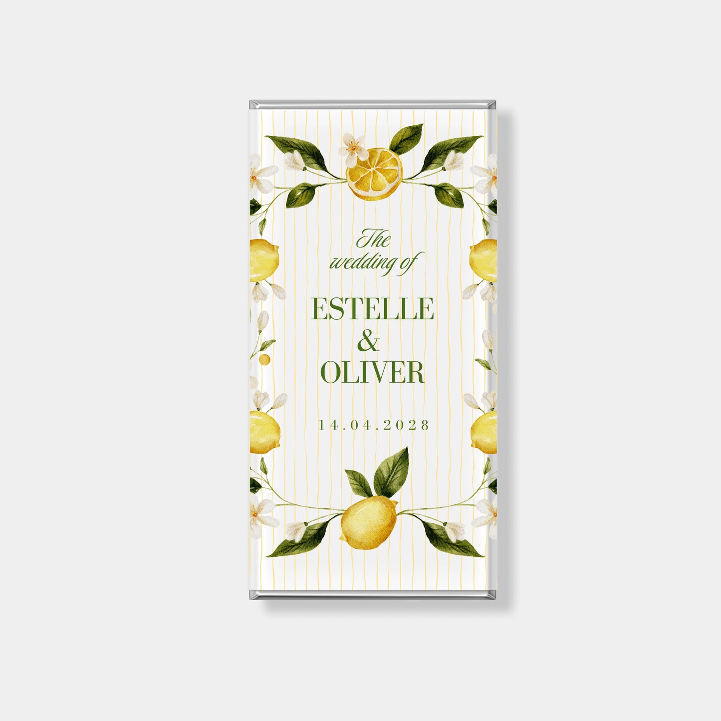 Zest personalised chocolate bars with citrus lemon design for wedding favours and custom names